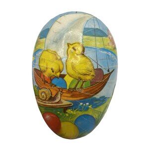 Vintage Paper Mache Easter Egg Chicks Sailboat West Germany 3.5 Spring Decor